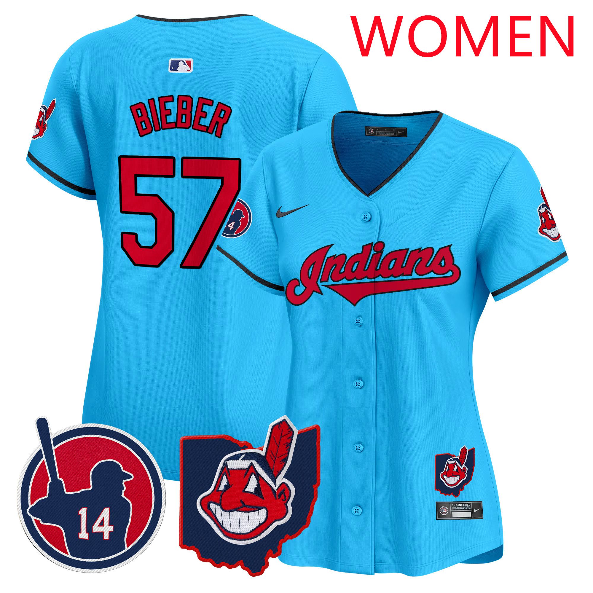Women Cleveland Indians #57 Bieber Light Blue Nike 2025 Patch Vapor Premier Limited MLB Jersey